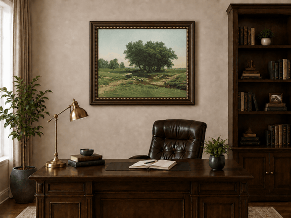 Framed hand-painted pastoral landscape oil painting with broad trees and a winding stream displayed above a traditional home office desk.