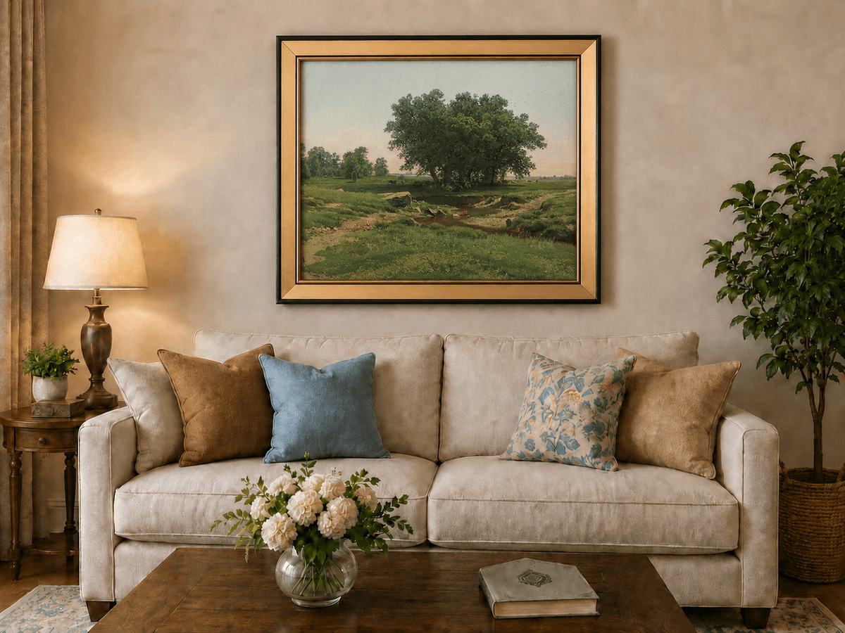 Framed hand-painted pastoral landscape oil painting with broad trees and a winding stream displayed above a neutral living room sofa.