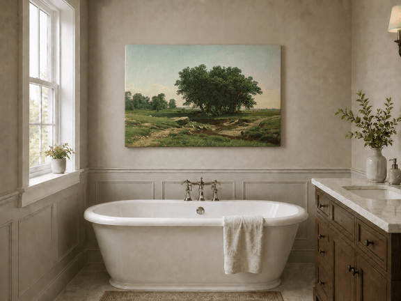 Unframed hand-painted pastoral landscape oil painting with broad trees and a winding stream displayed above a freestanding bathtub.