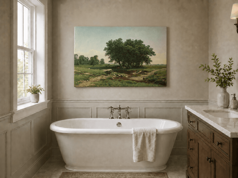 Unframed hand-painted pastoral landscape oil painting with broad trees and a winding stream displayed above a freestanding bathtub.