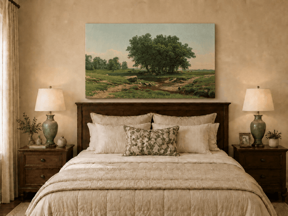 Unframed hand-painted pastoral landscape oil painting with broad trees and a winding stream displayed above a wooden bed in a neutral bedroom.