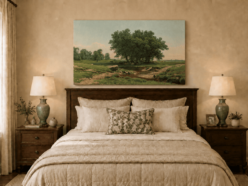 Unframed hand-painted pastoral landscape oil painting with broad trees and a winding stream displayed above a wooden bed in a neutral bedroom.