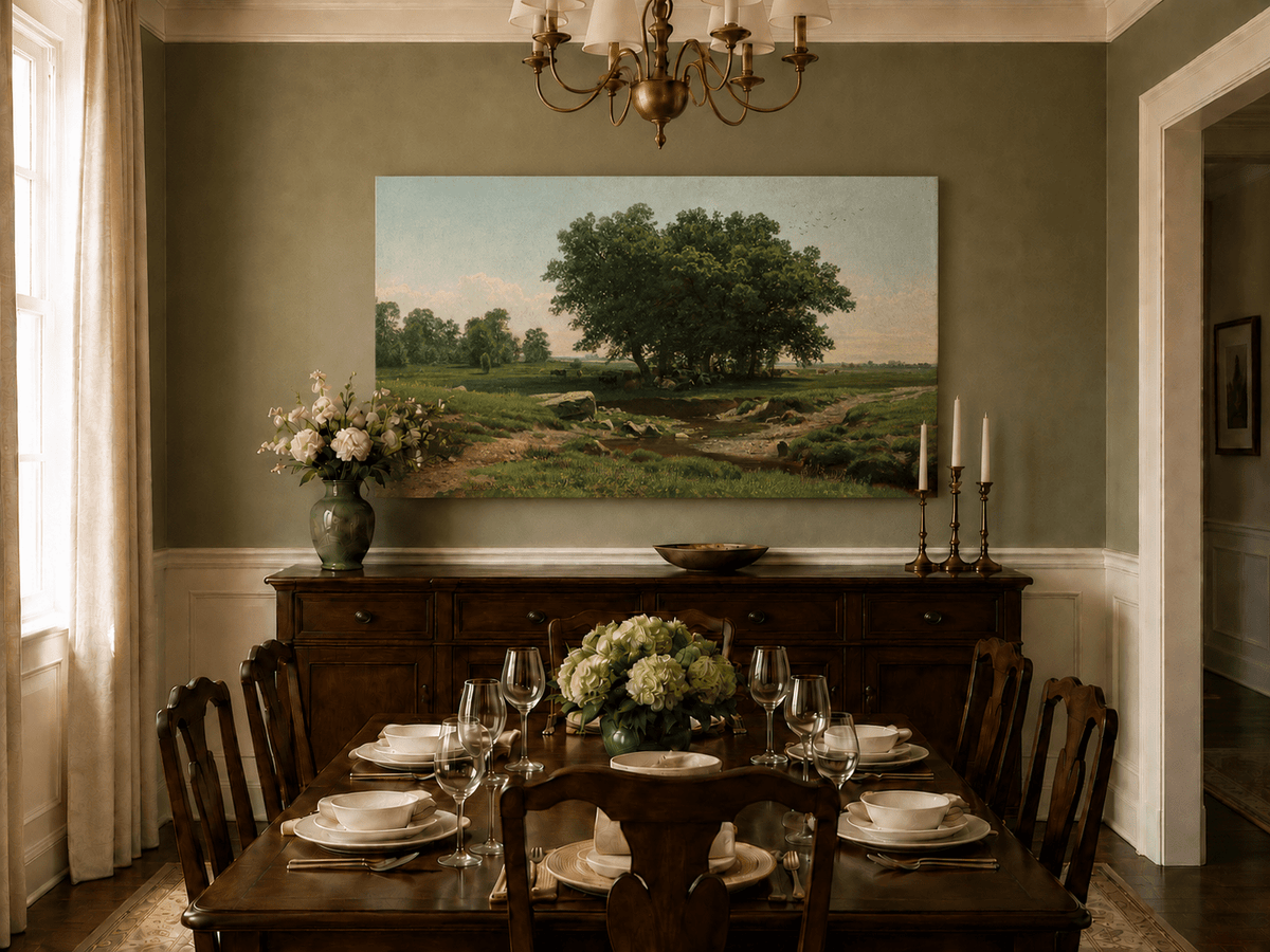 Unframed hand-painted pastoral landscape oil painting with broad trees and a winding stream displayed above a formal dining table.
