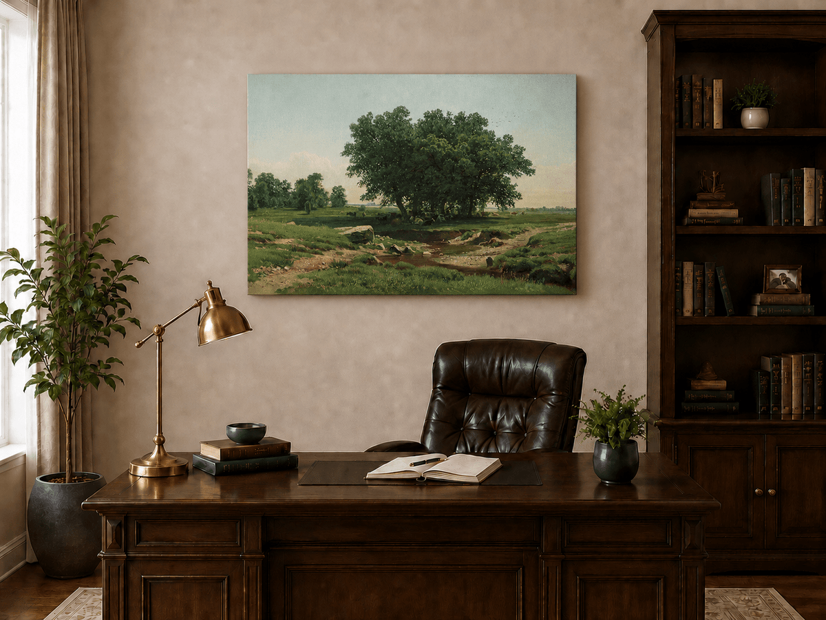 Unframed hand-painted pastoral landscape oil painting with broad trees and a winding stream displayed above a traditional home office desk.