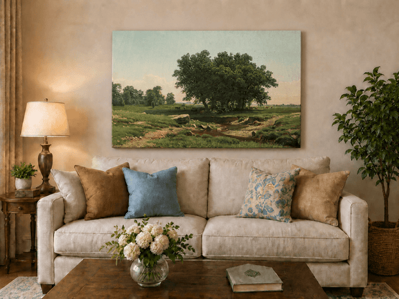 Unframed hand-painted pastoral landscape oil painting with broad trees and a winding stream displayed above a neutral living room sofa.