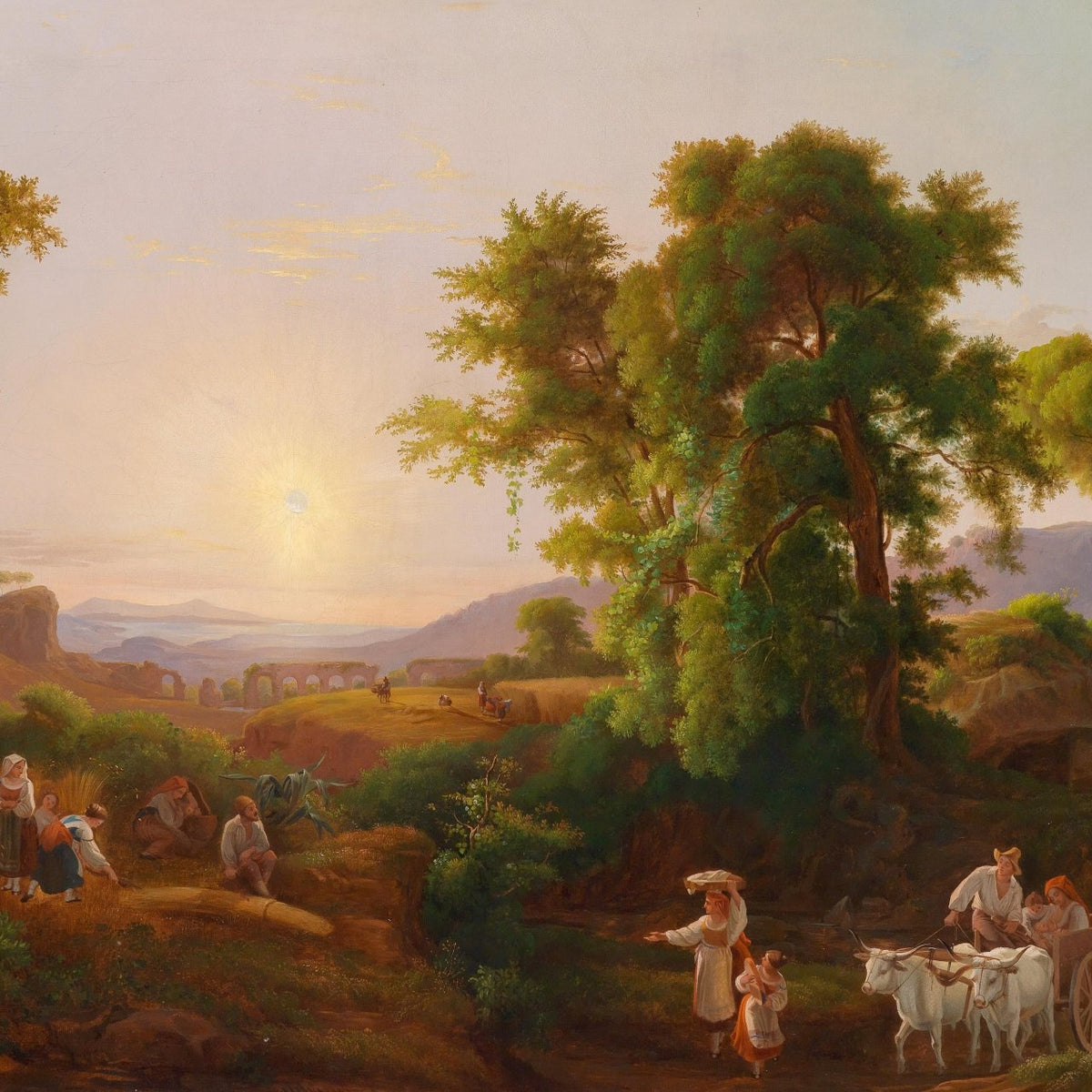 Pastoral Valley at Sunset with Figures – Landscape Oil Painting - Oil Painting Haven