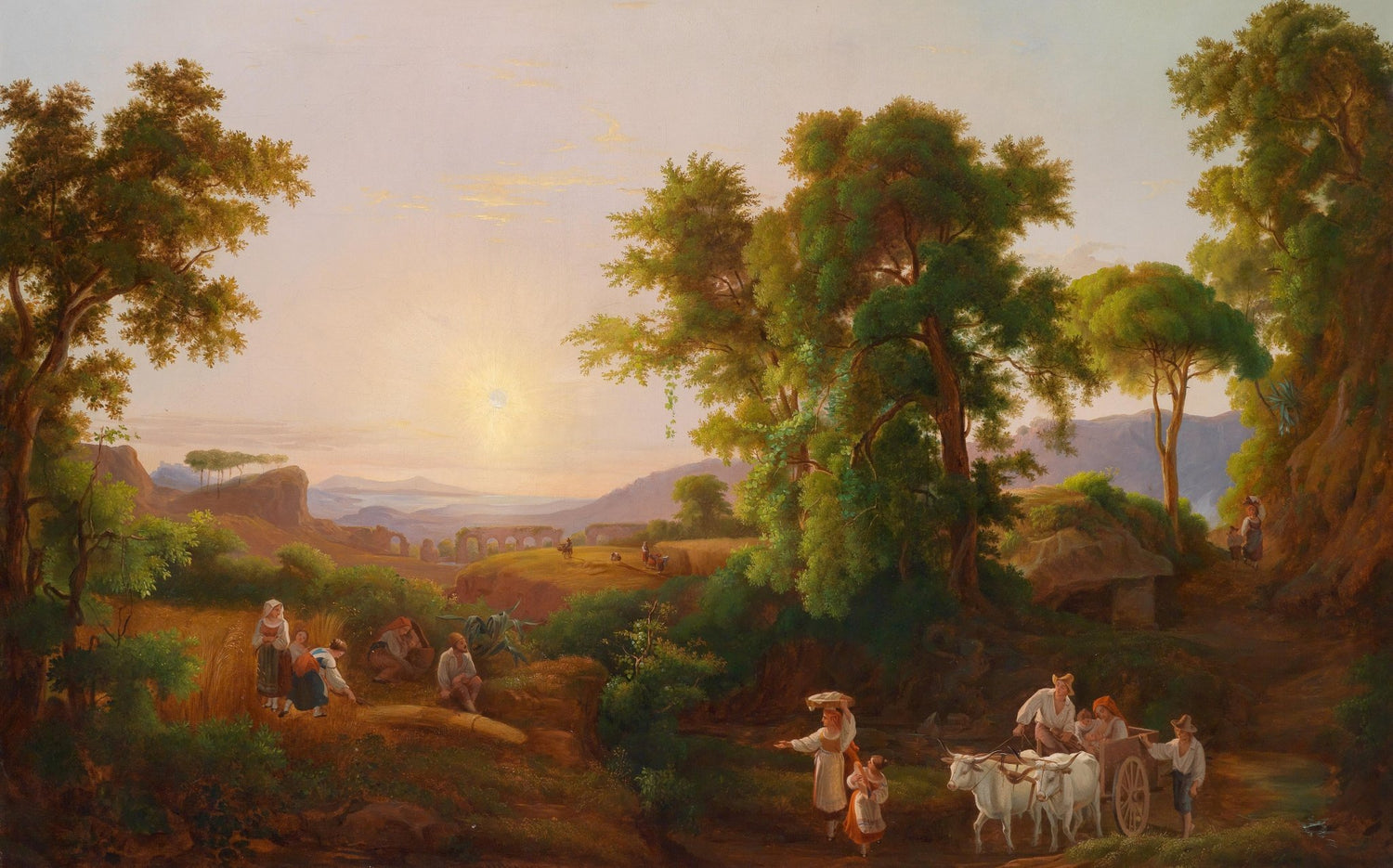 Pastoral Valley at Sunset with Figures – Landscape Oil Painting - Oil Painting Haven