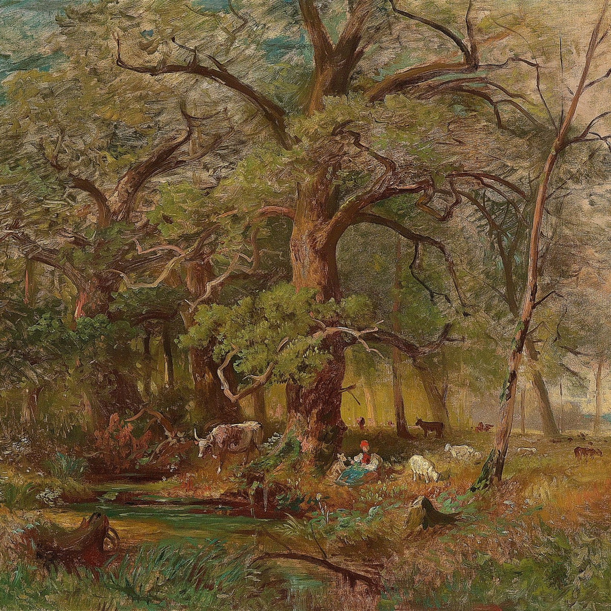 Pastoral Woodland Scene with Cattle, Hand - Painted Oil Painting - Oil Painting Haven