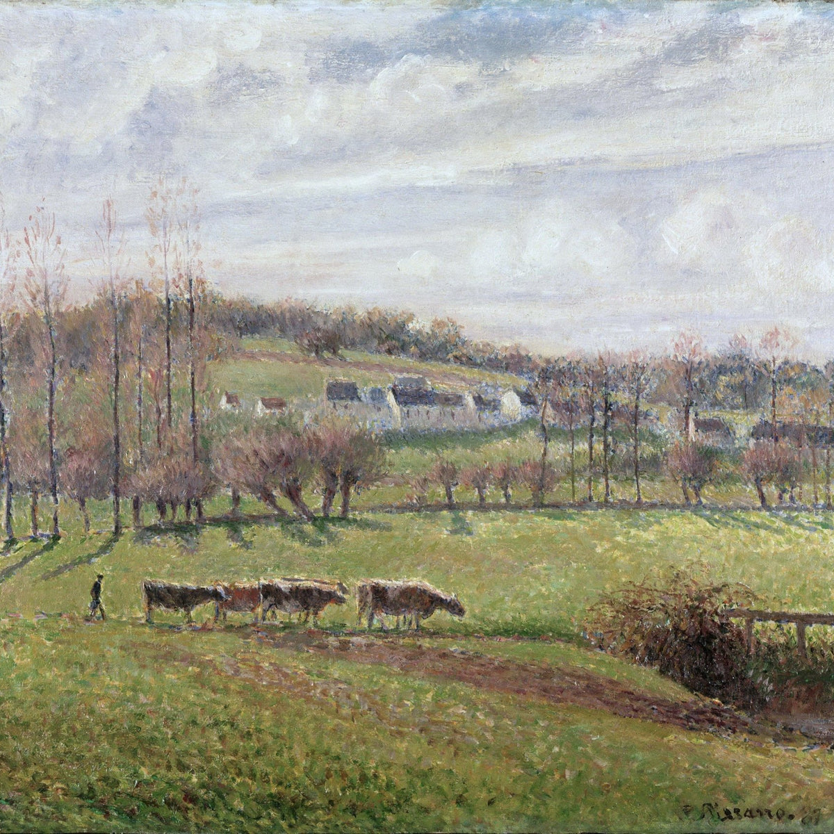 Hand-painted pasture with cows in the eragny countryside landscape oil painting on canvas