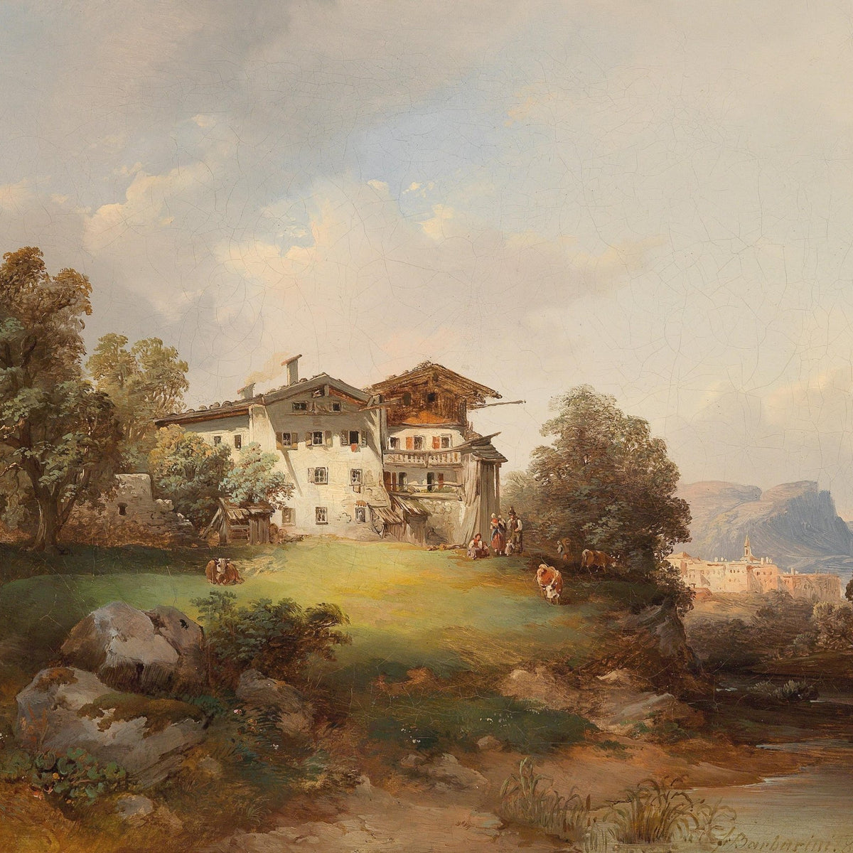 Peaceful Alpine Farmstead, Figures, Cattle – Landscape Oil Painting - Oil Painting Haven