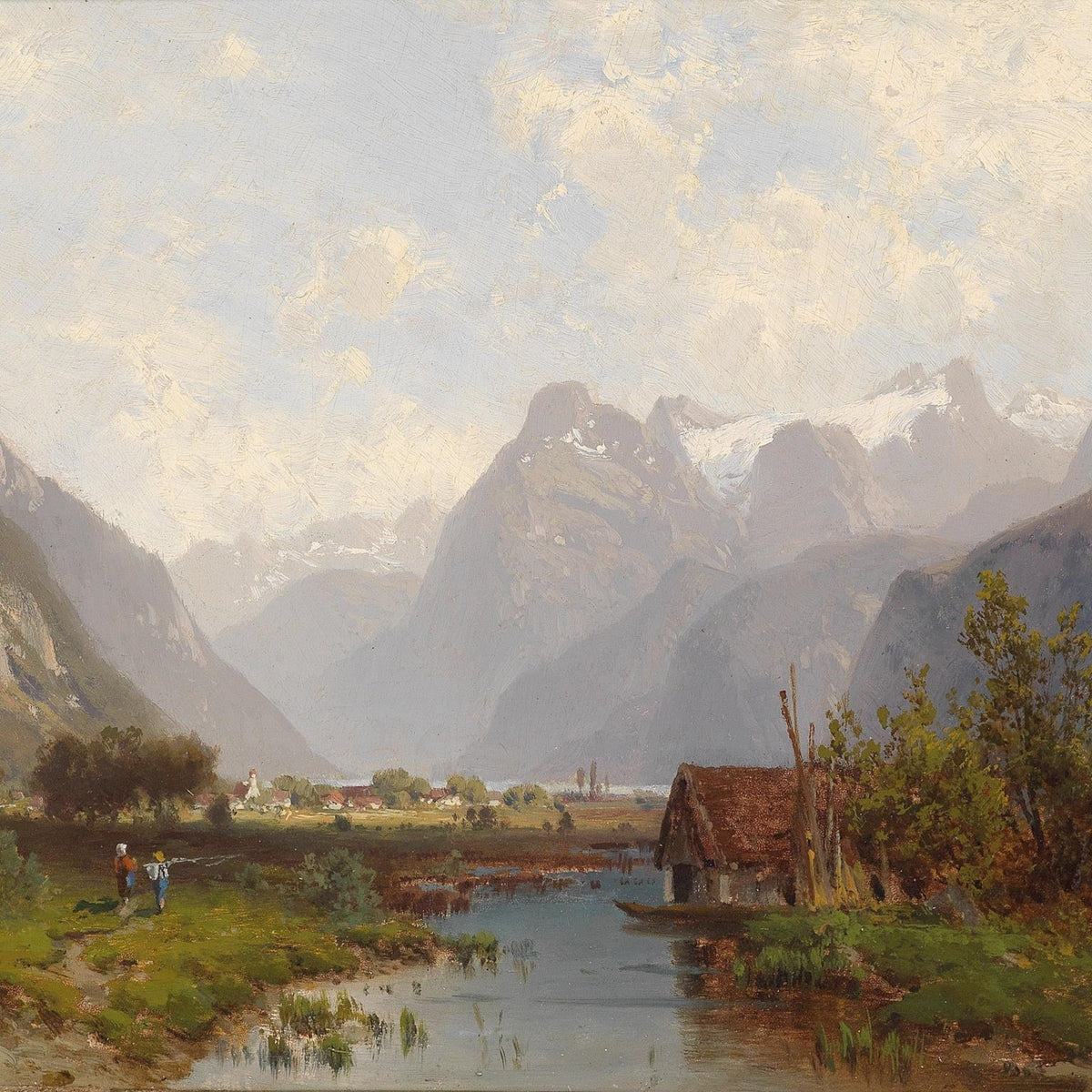 Peaceful Alpine Valley, Lake, Village – Hand - Painted Oil Painting - Oil Painting Haven