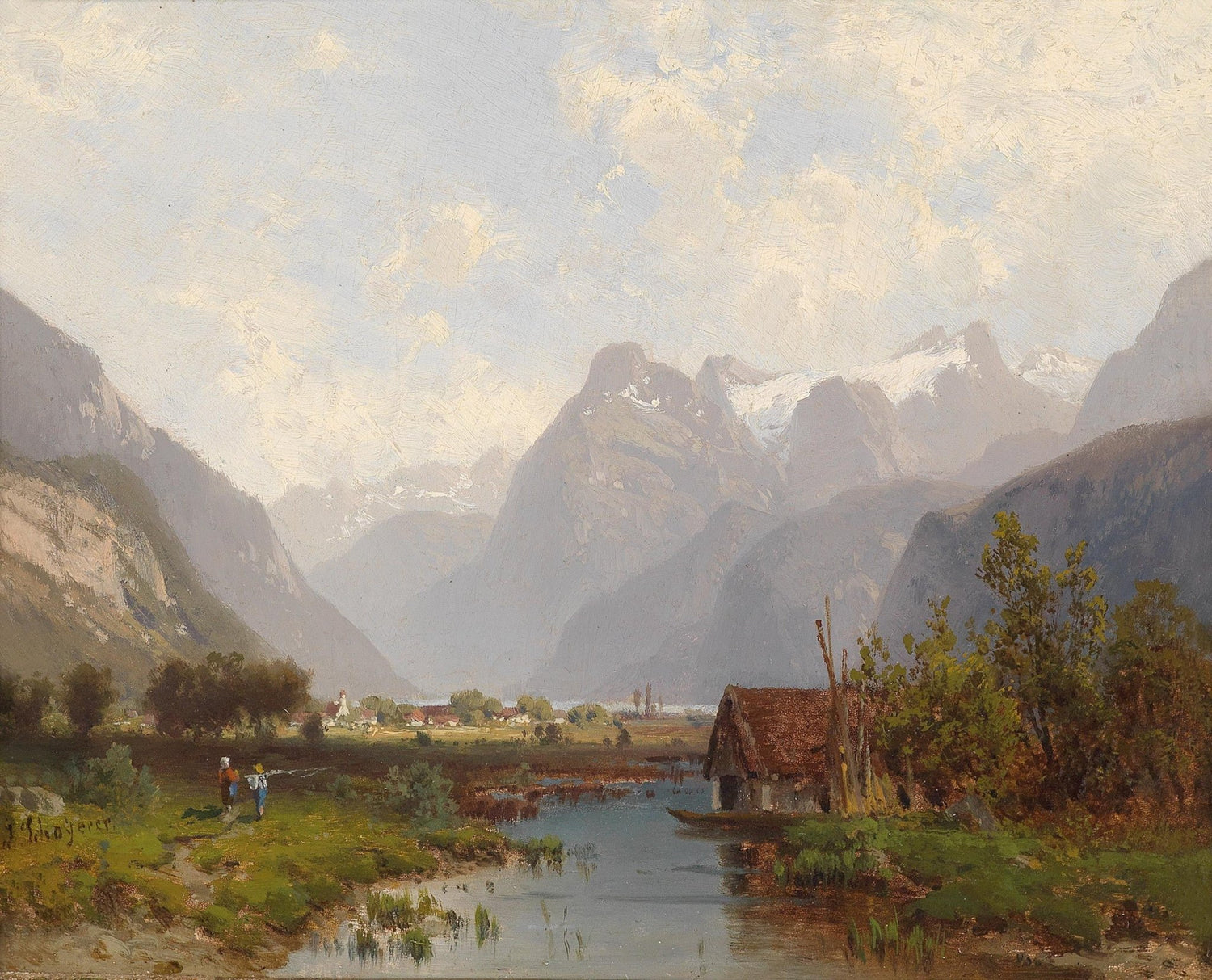 Peaceful Alpine Valley, Lake, Village – Hand - Painted Oil Painting - Oil Painting Haven