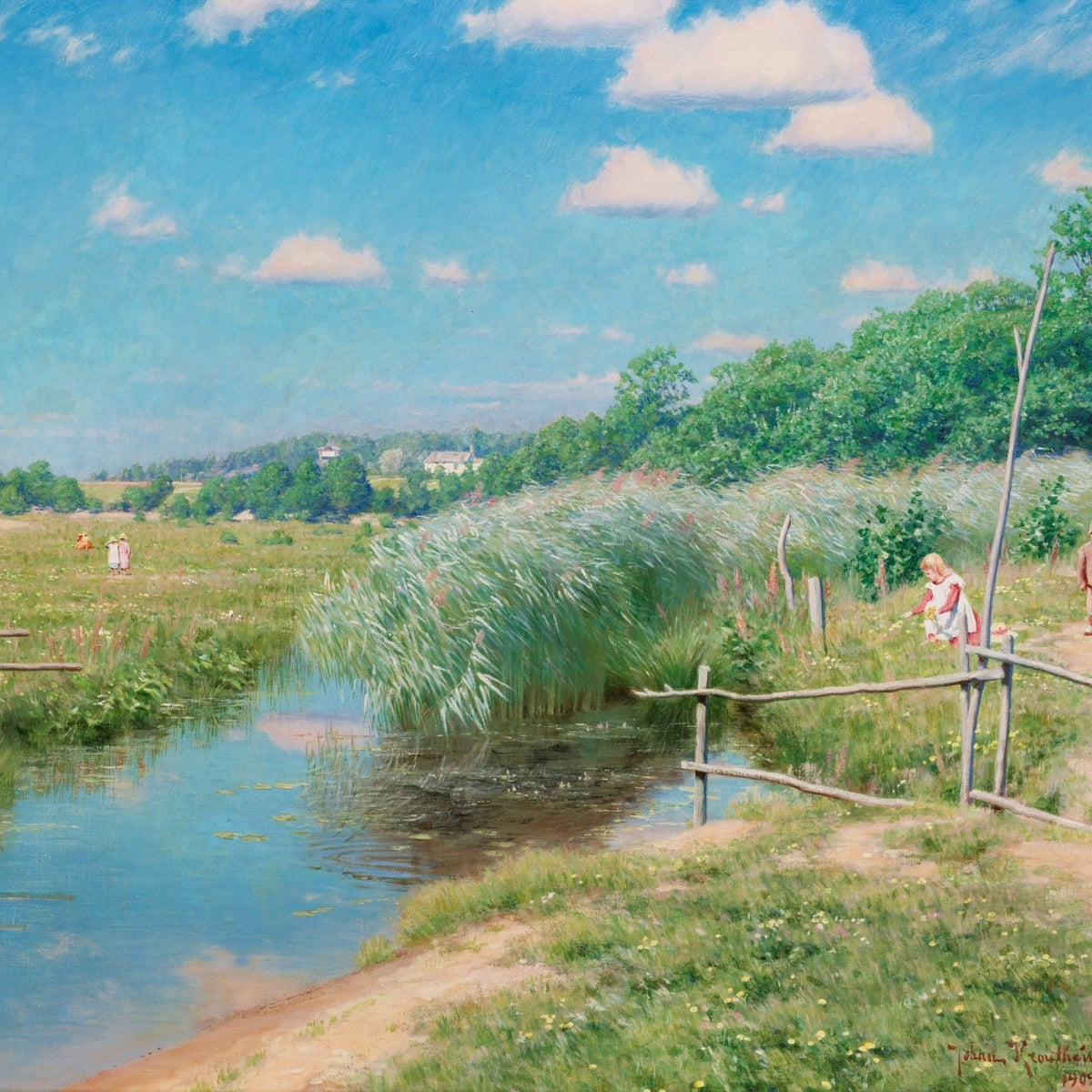 Peaceful Countryside Creek with Children – Landscape Oil Painting - Oil Painting Haven