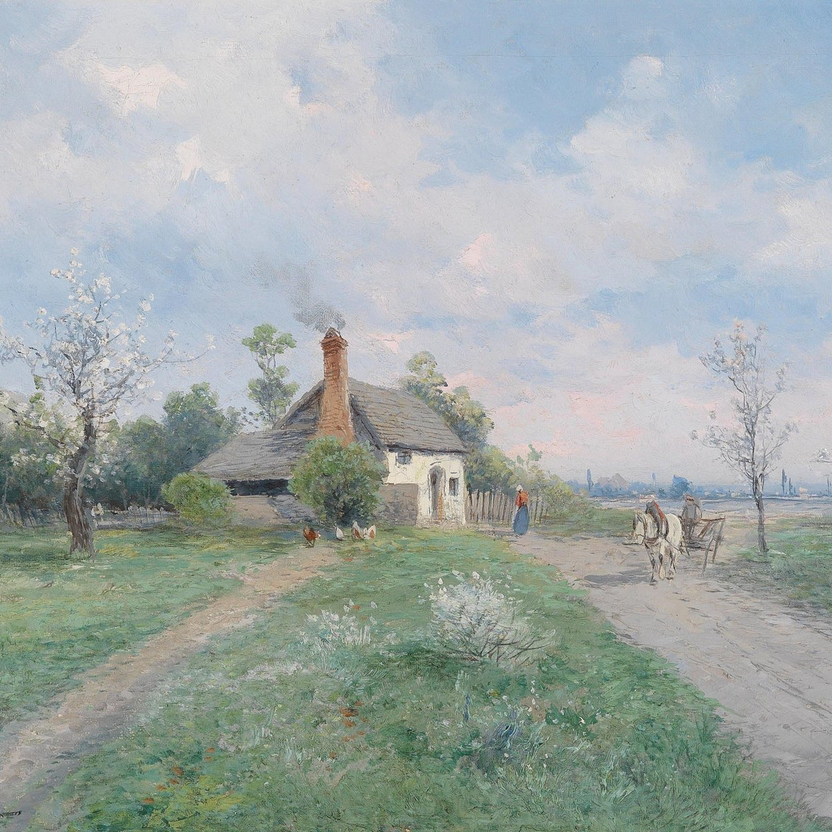 Peaceful Countryside Farmhouse with Horse Cart – Landscape Oil Painting - Oil Painting Haven