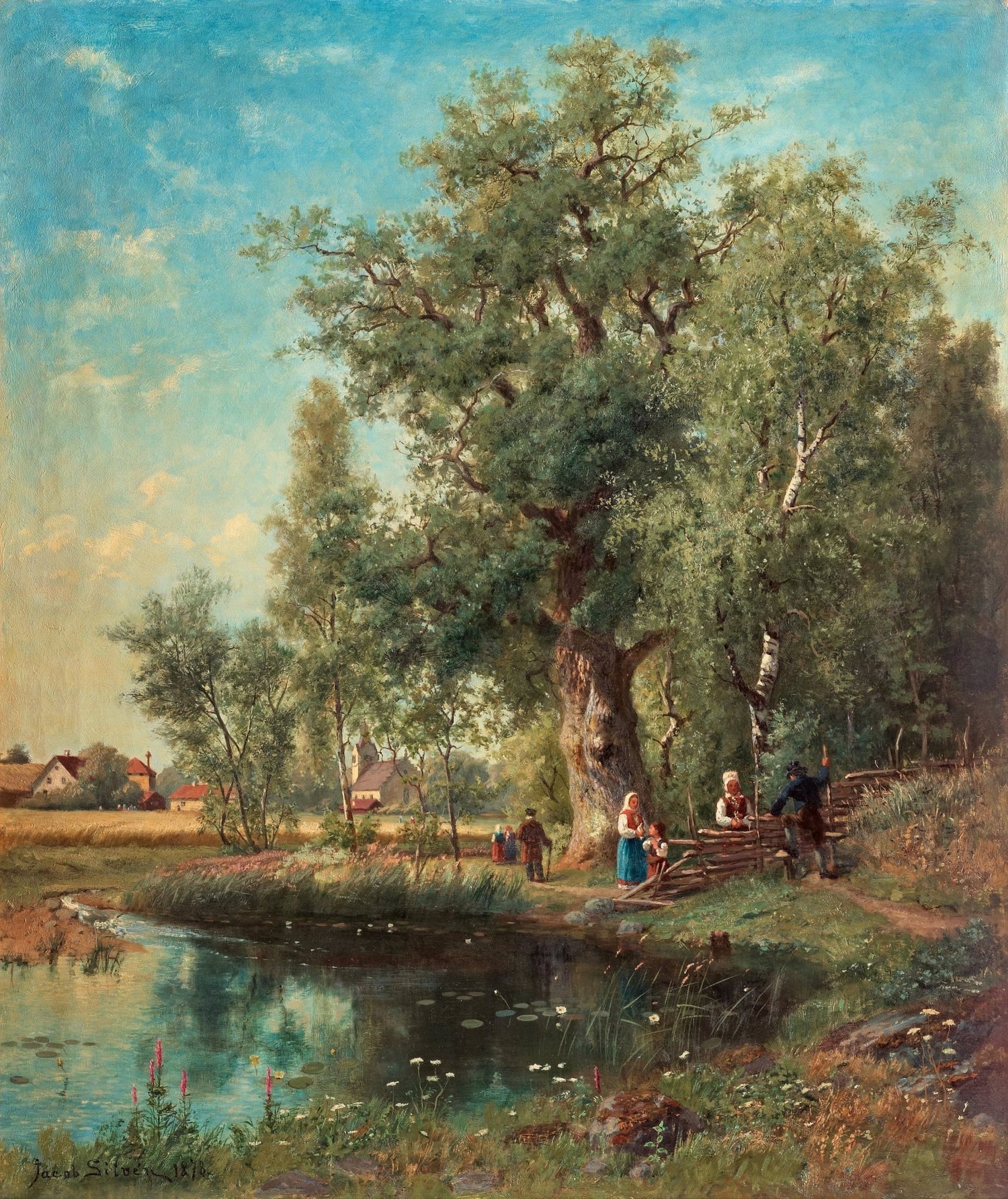 Peaceful Countryside Scene, Pond, Figures – Landscape Oil Painting - Oil Painting Haven