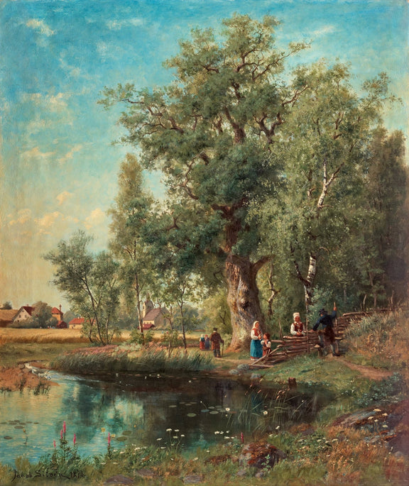 Peaceful Countryside Scene, Pond, Figures – Landscape Oil Painting - Oil Painting Haven