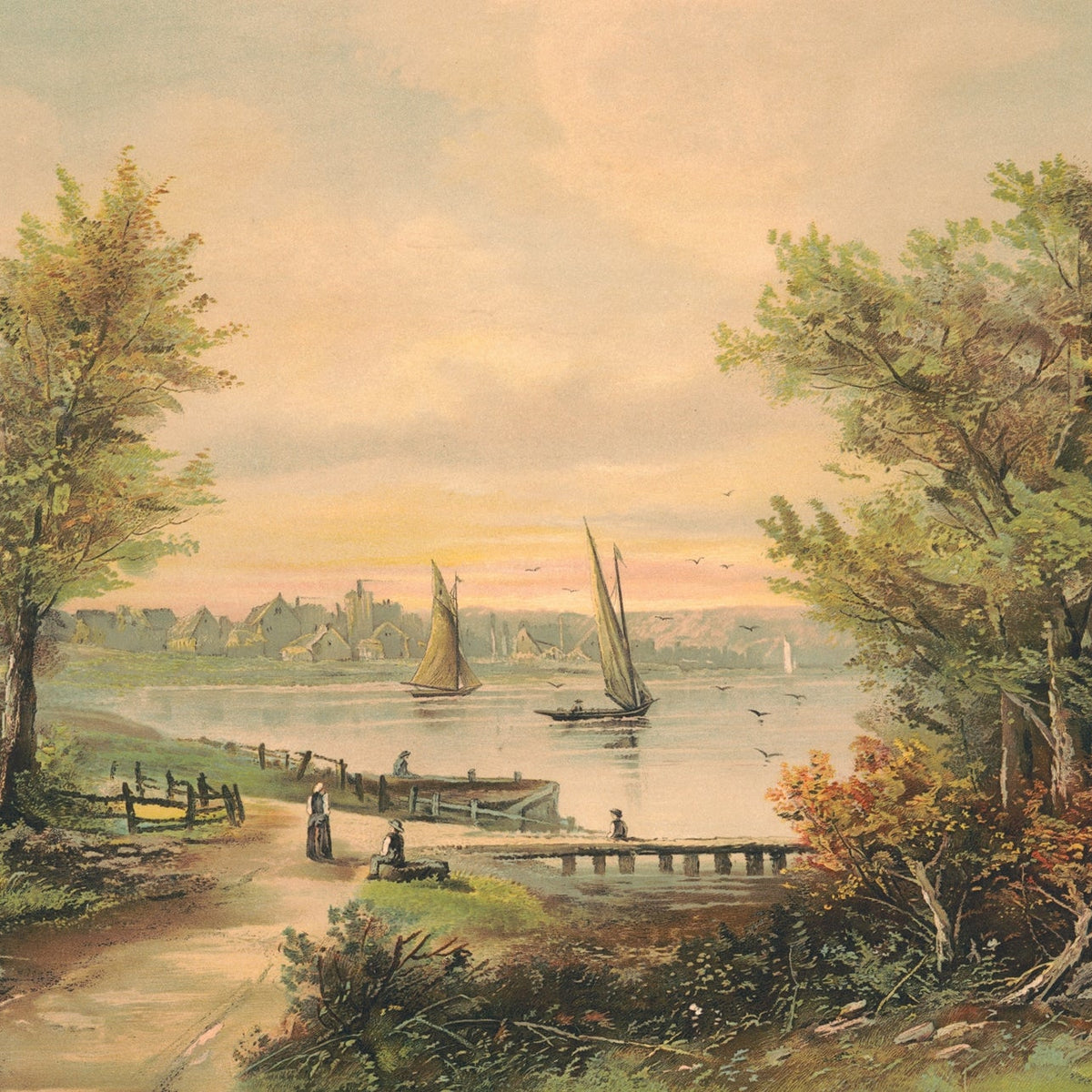 Peaceful Riverside Village with Sailboats - Landscape Oil Painting - Oil Painting Haven