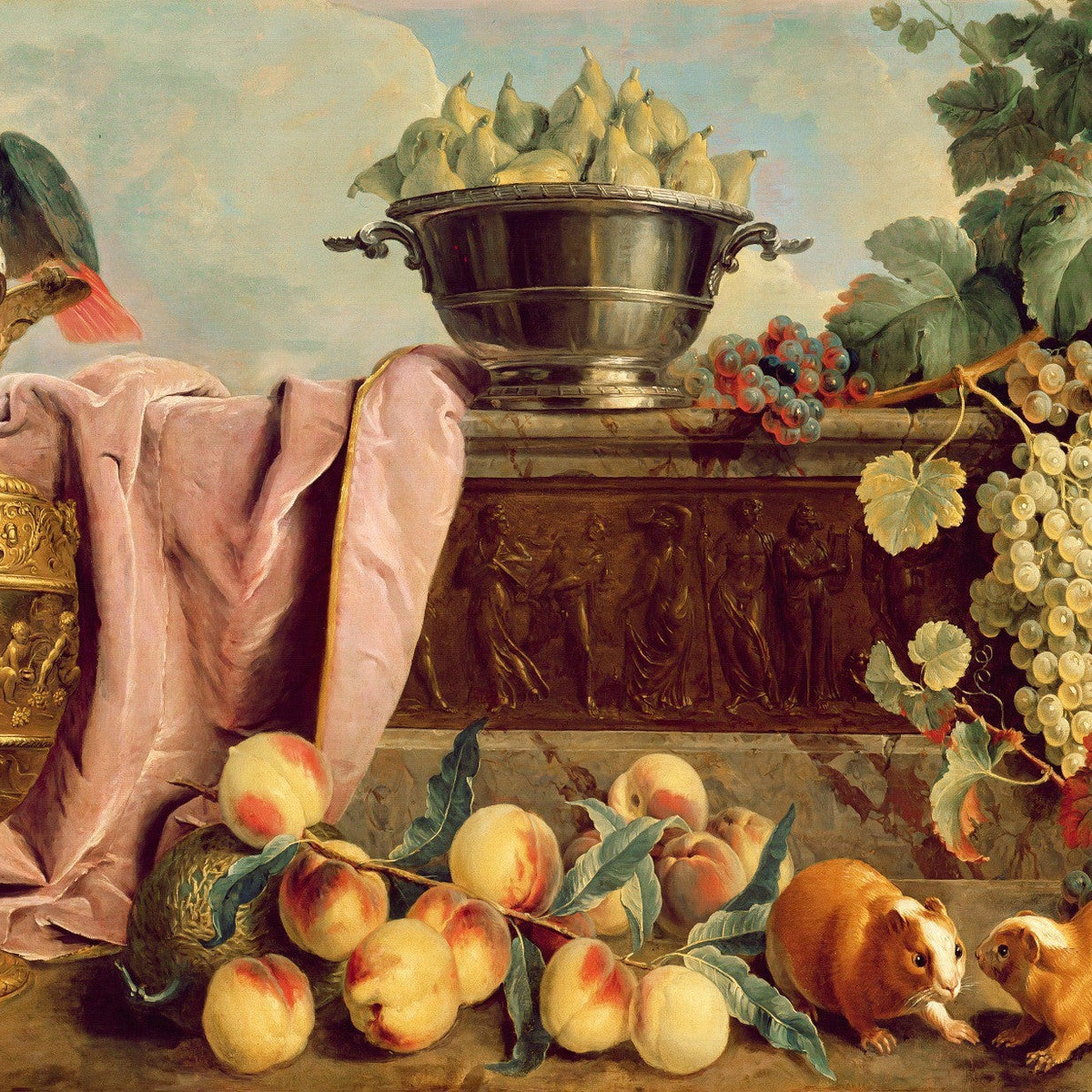 Peaches, Grapes and Parrot with Guinea Pigs - Still Life Oil Painting - Oil Painting Haven