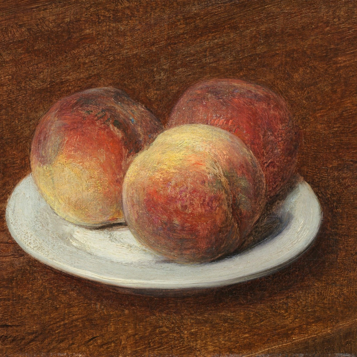 Peaches on White Plate Against Brown Ground - Still Life Oil Painting - Oil Painting Haven
