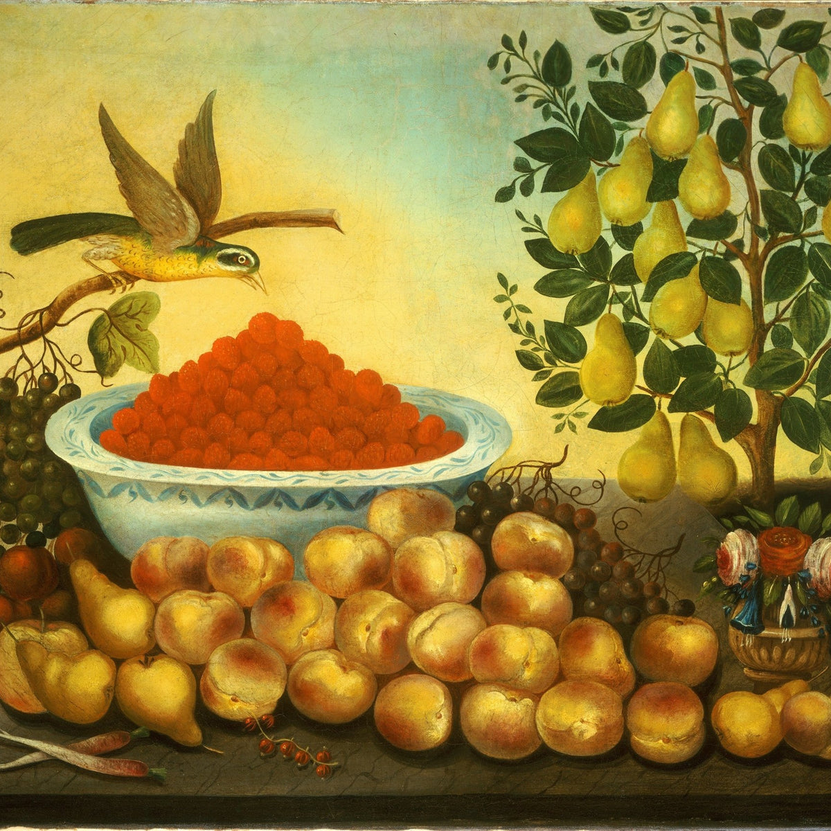 Peaches, Pears and Berries with Bird - Still Life Oil Painting - Oil Painting Haven