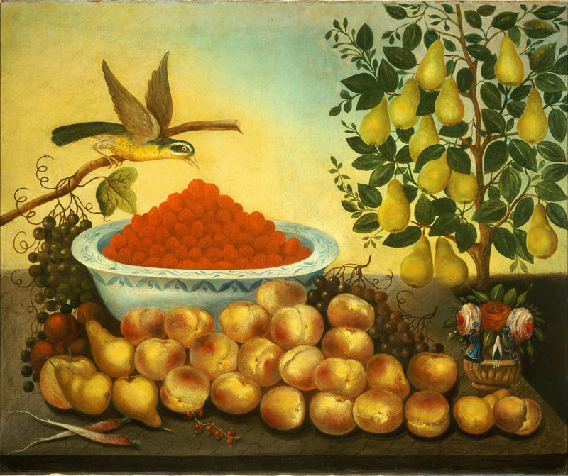 Peaches, Pears and Berries with Bird - Still Life Oil Painting - Oil Painting Haven