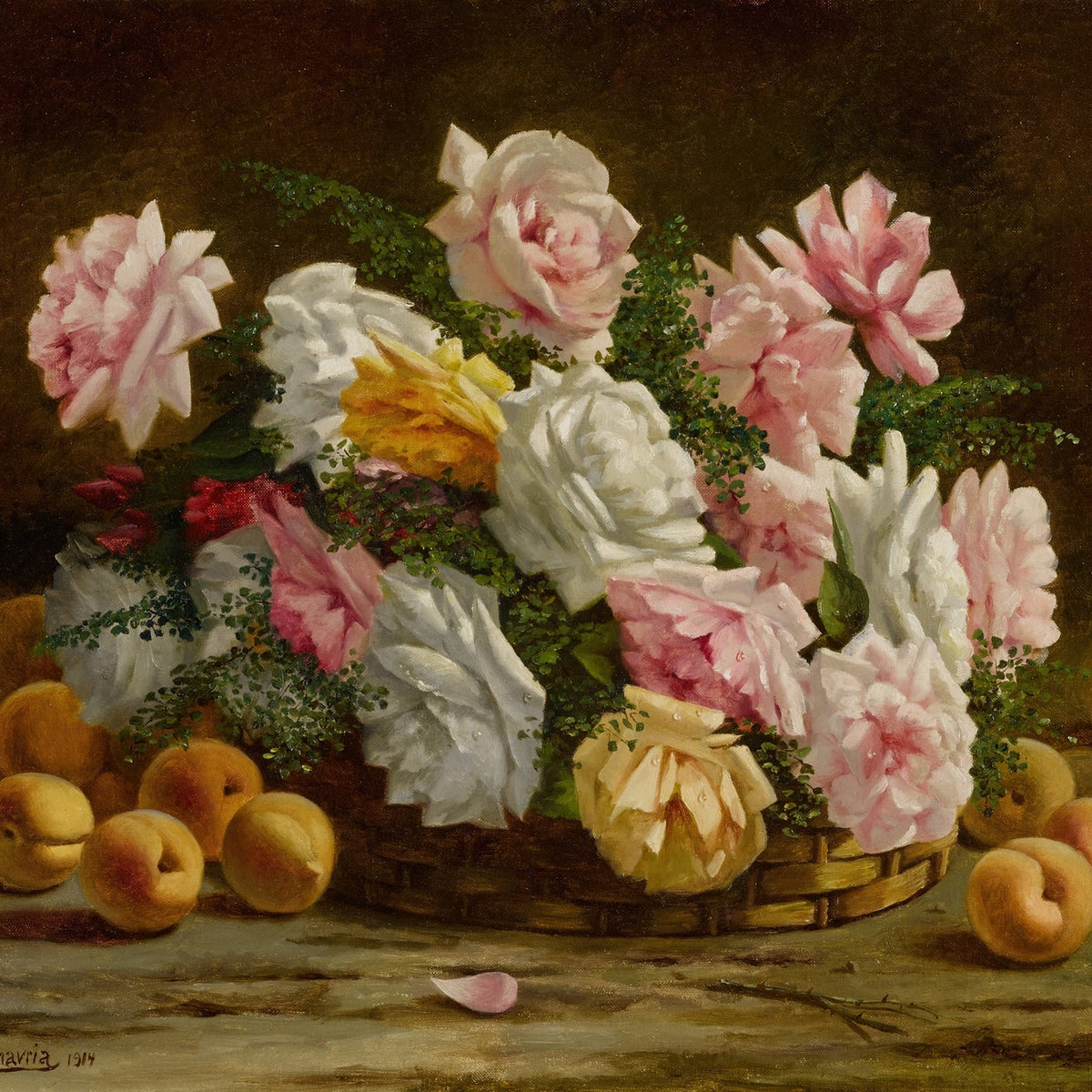 Peonies and Apricots Basket Still Life Art - Floral Oil Painting - Oil Painting Haven