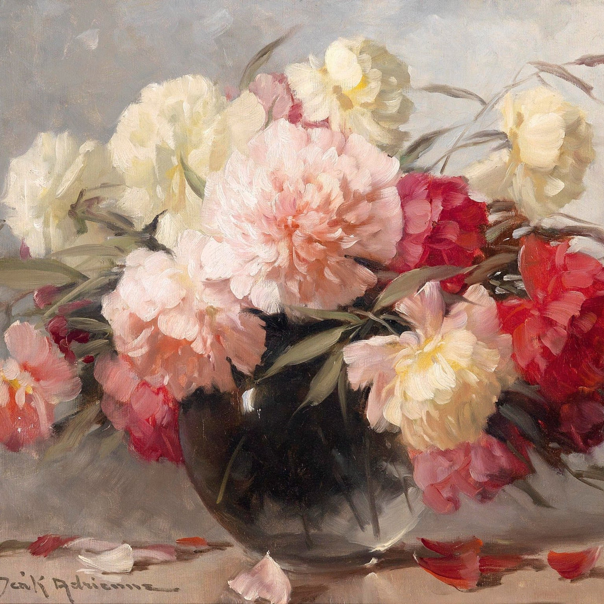Peony Bouquet in Glass Vase Still Life – Floral Oil Painting - Oil Painting Haven