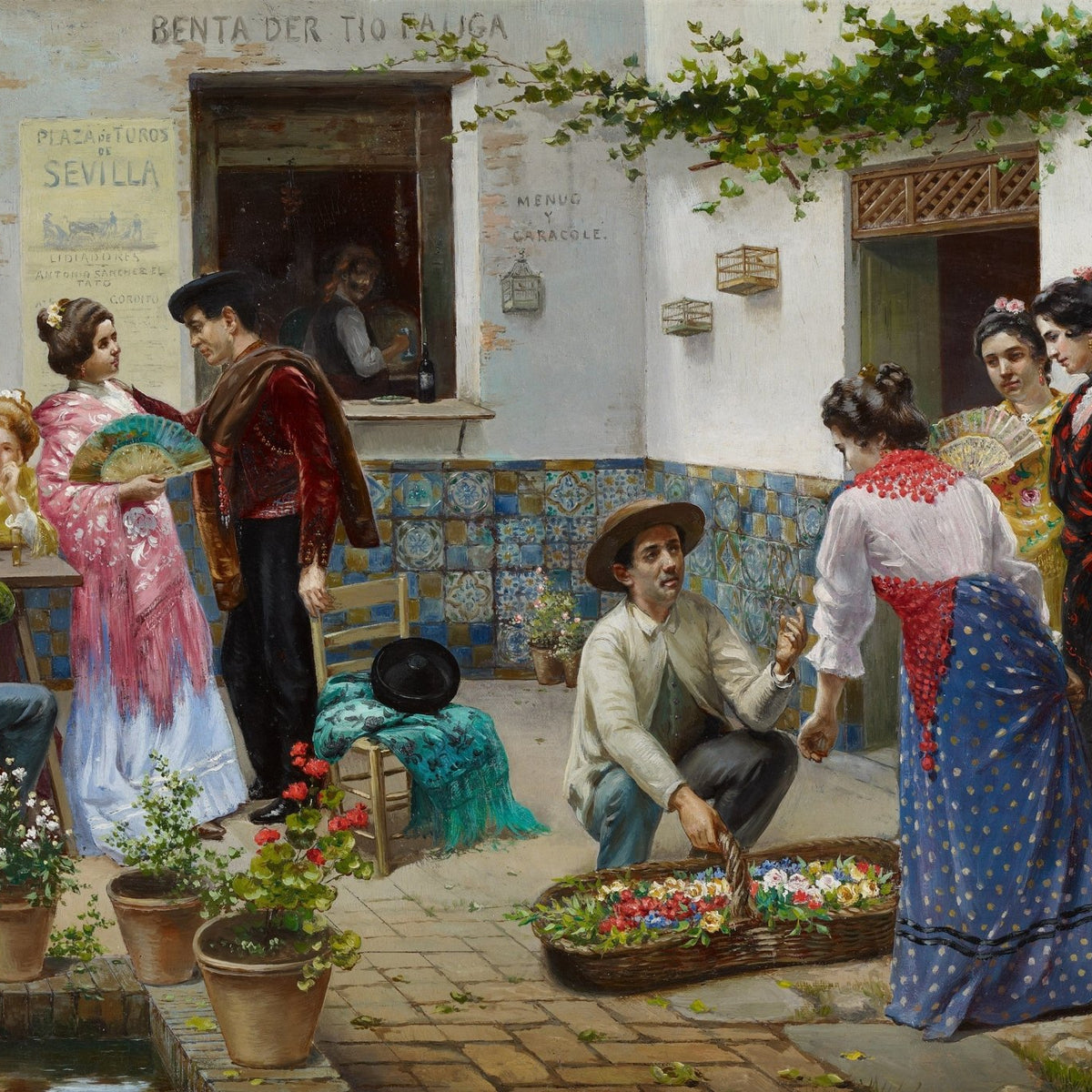 People Oil Painting - Andalusian Courtyard Scene with Villagers - Oil Painting Haven