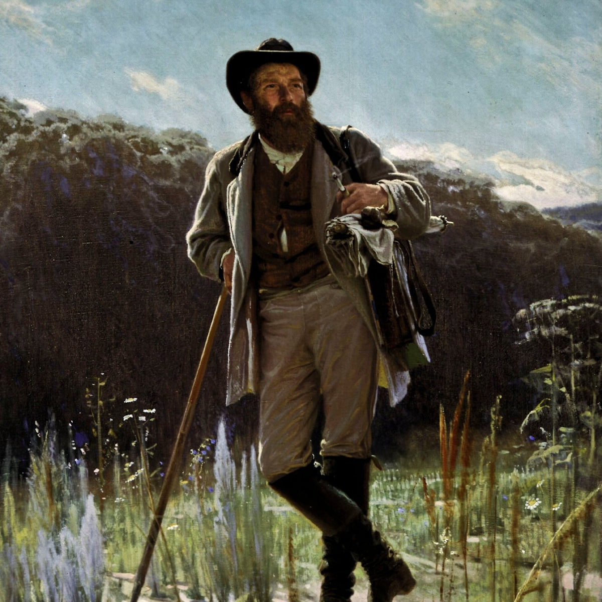 People Oil Painting - Bearded Man Walking in Meadow Scene - Oil Painting Haven