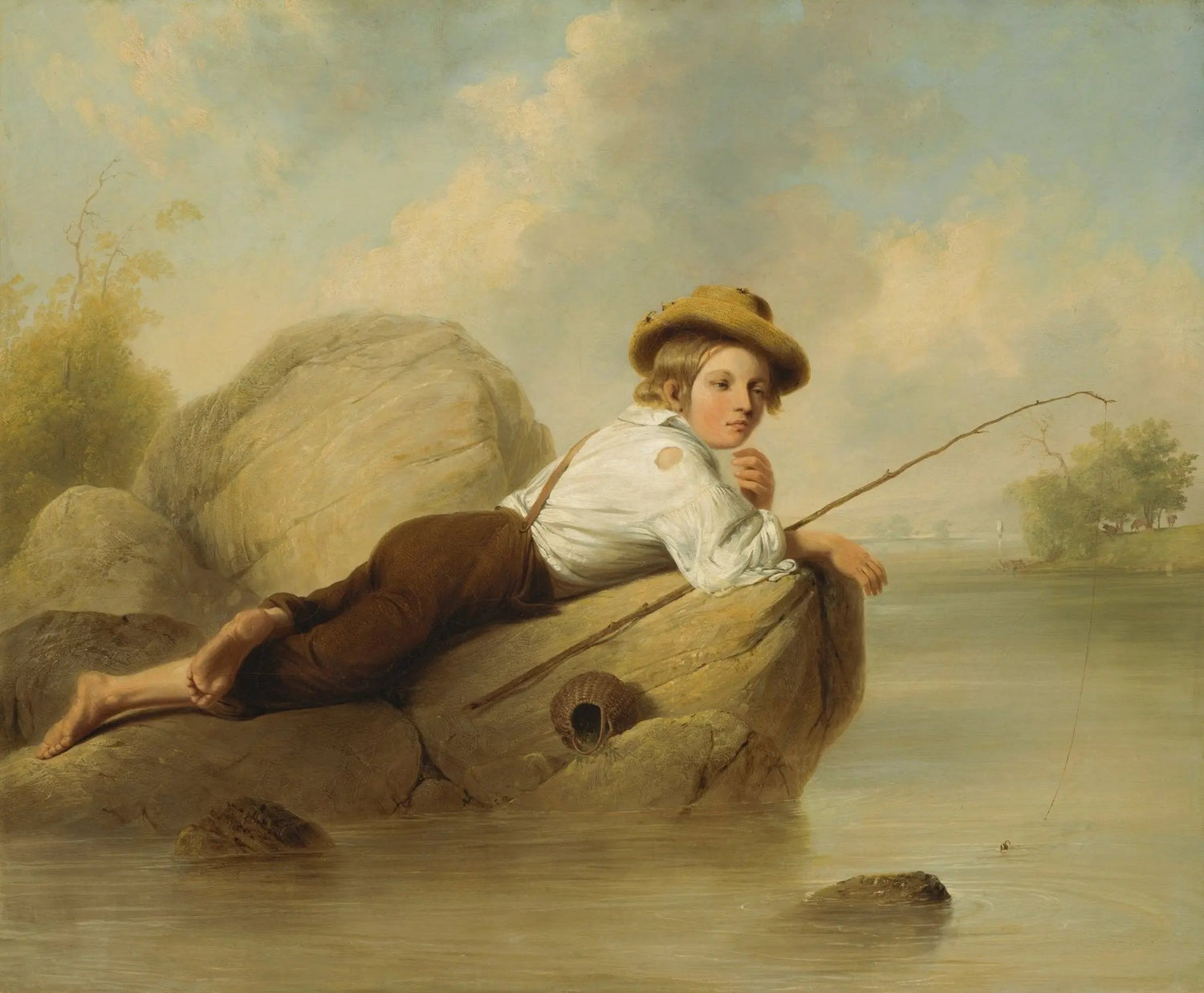 People Oil Painting - Boy Fishing on River Rocks - Oil Painting Haven
