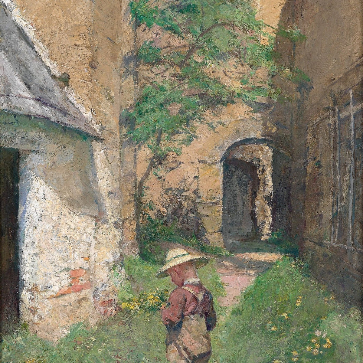 People Oil Painting - Boy in Rustic Courtyard Village Scene - Oil Painting Haven