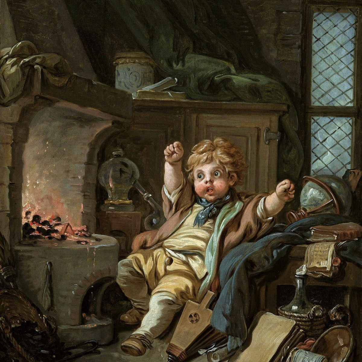 People Oil Painting - Boy in Rustic Kitchen Interior Scene - Oil Painting Haven