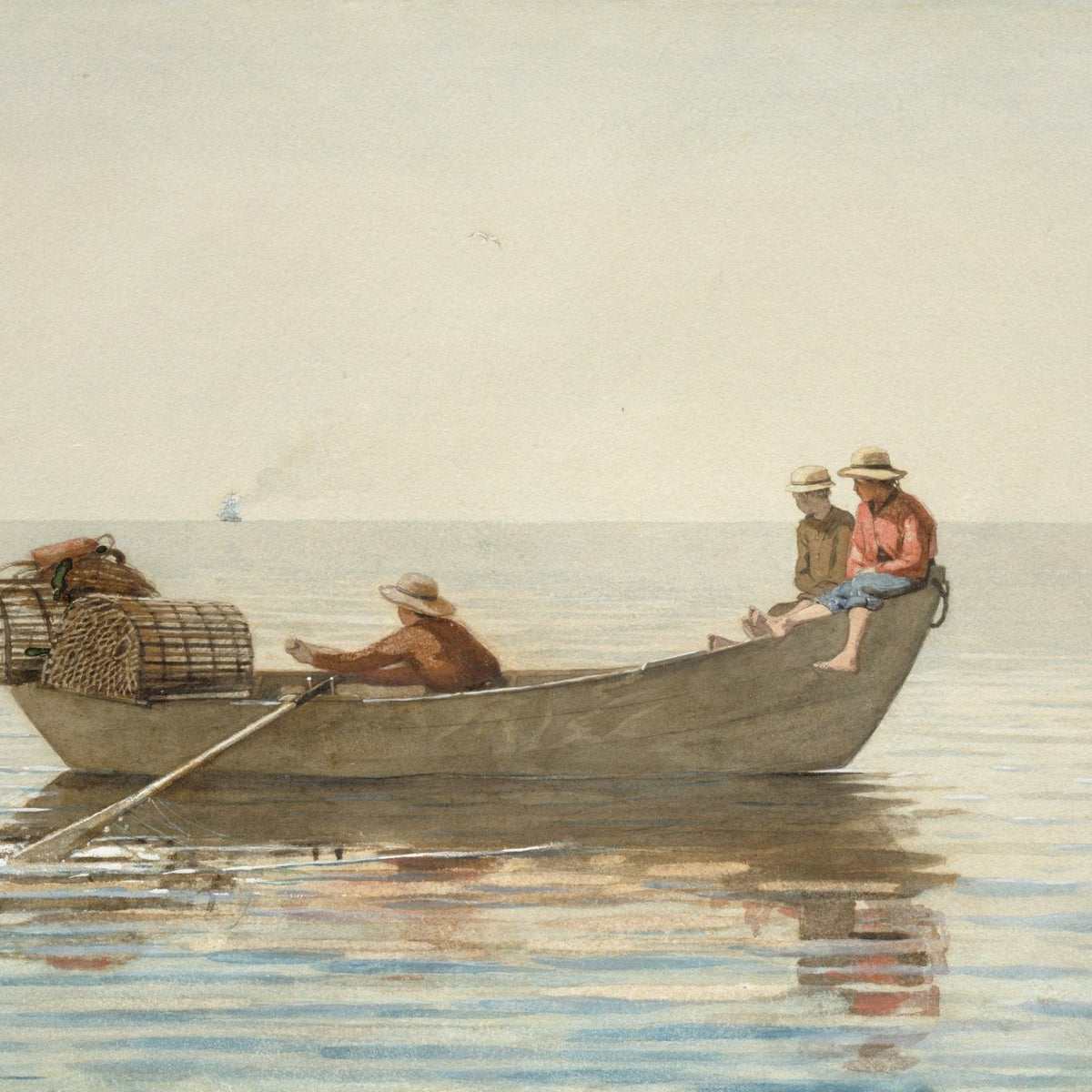 People Oil Painting - Boys in Boat with Lobster Pots at Sea - Oil Painting Haven