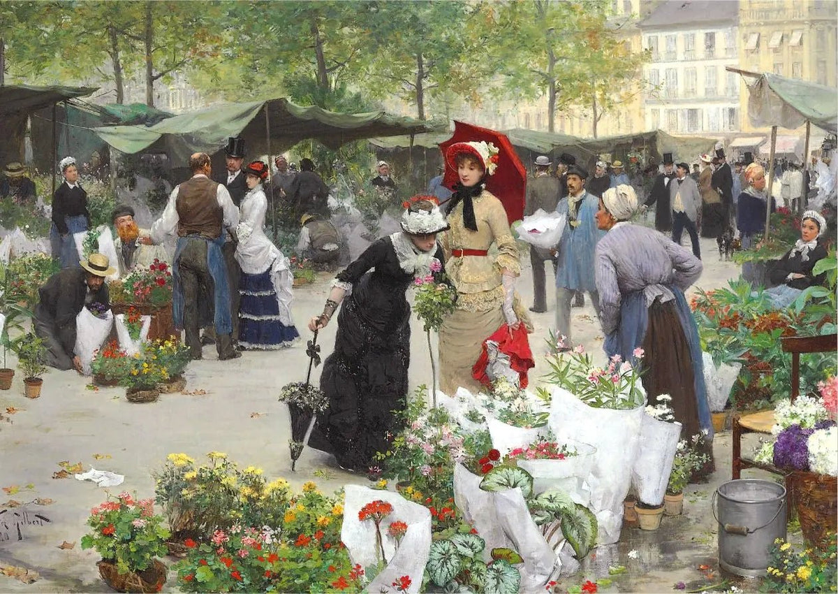 People Oil Painting - Busy Flower Market Scene - Oil Painting Haven