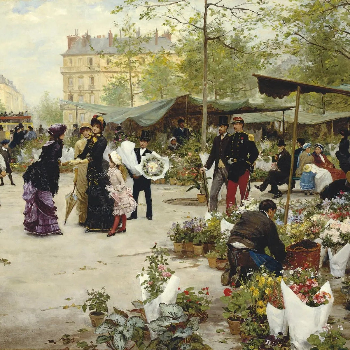 People Oil Painting - Busy Flower Market Scene Wall Art - Oil Painting Haven