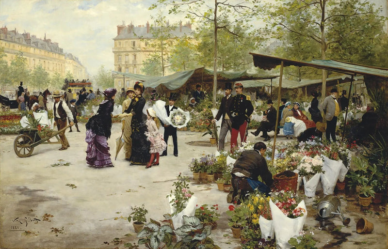 People Oil Painting - Busy Flower Market Scene Wall Art - Oil Painting Haven