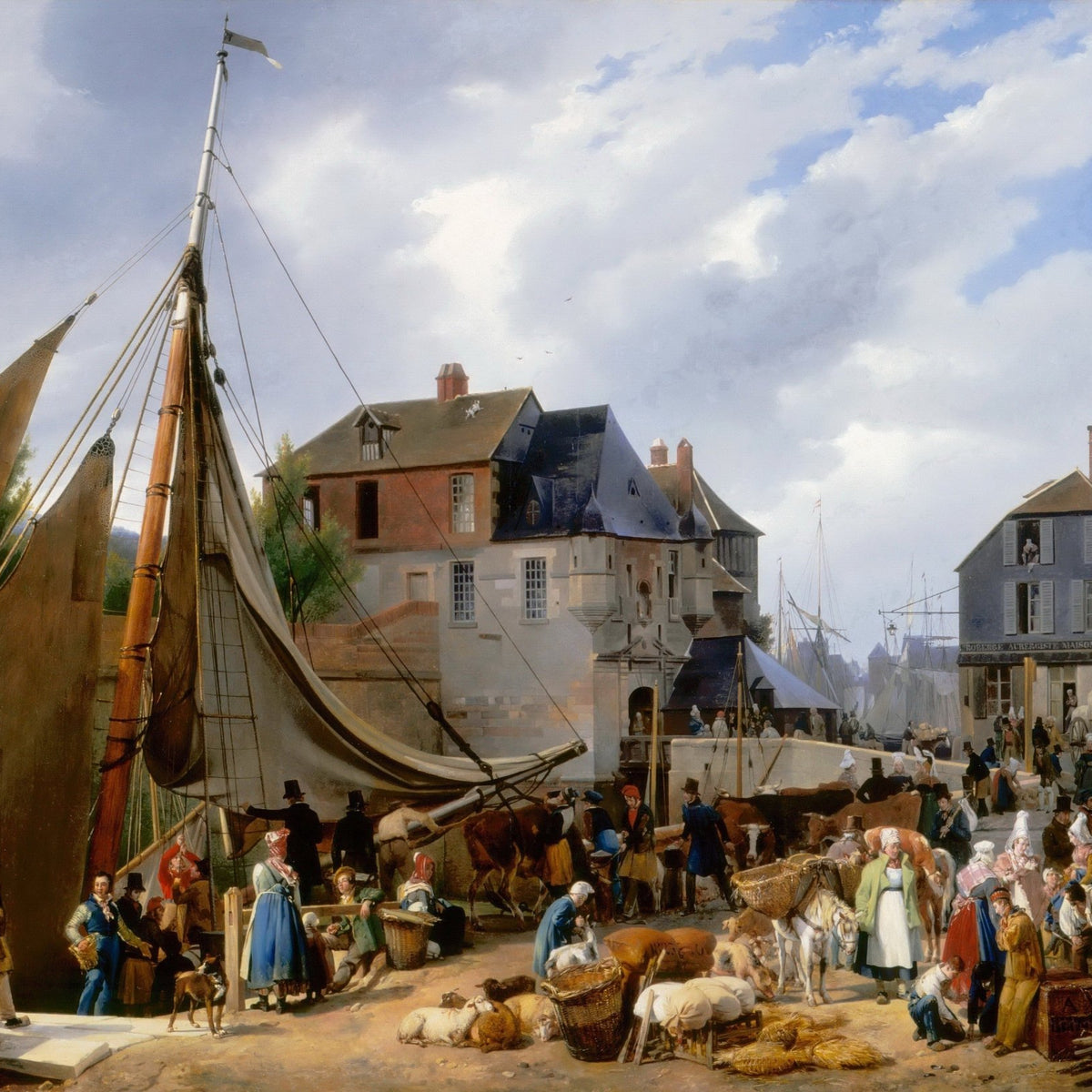 People Oil Painting - Busy Harbor Market and Sailing Boats - Oil Painting Haven