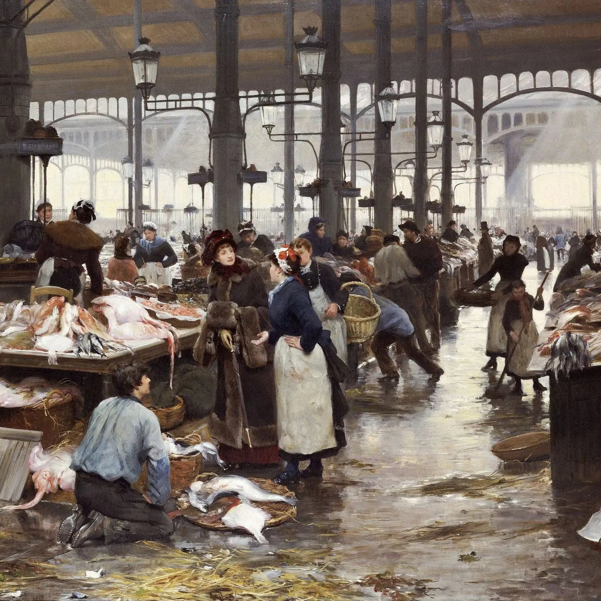 People Oil Painting - Busy Indoor Fish Market - Oil Painting Haven