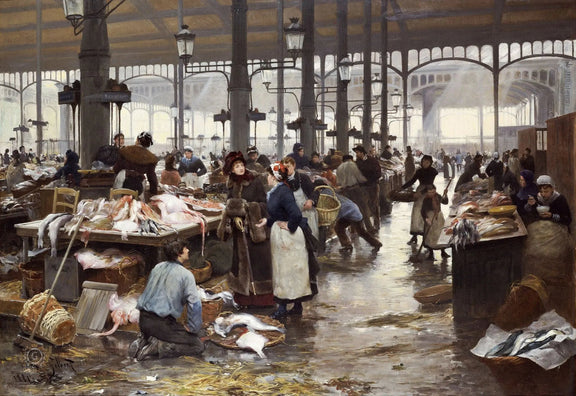 People Oil Painting - Busy Indoor Fish Market - Oil Painting Haven