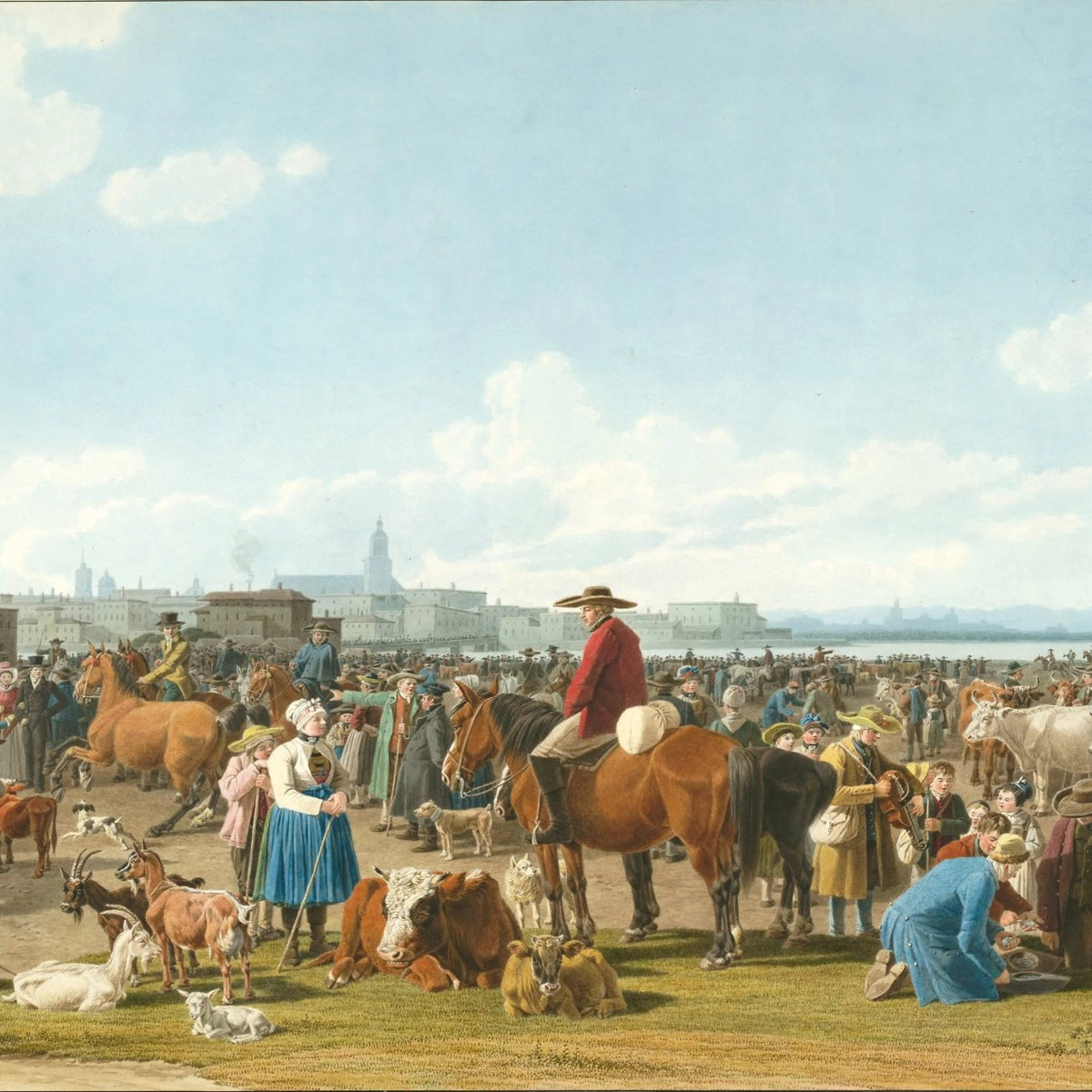 People Oil Painting - Busy Market Scene with Animals - Oil Painting Haven
