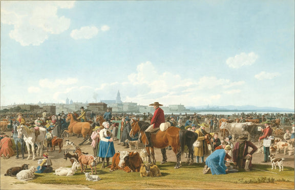 People Oil Painting - Busy Market Scene with Animals - Oil Painting Haven