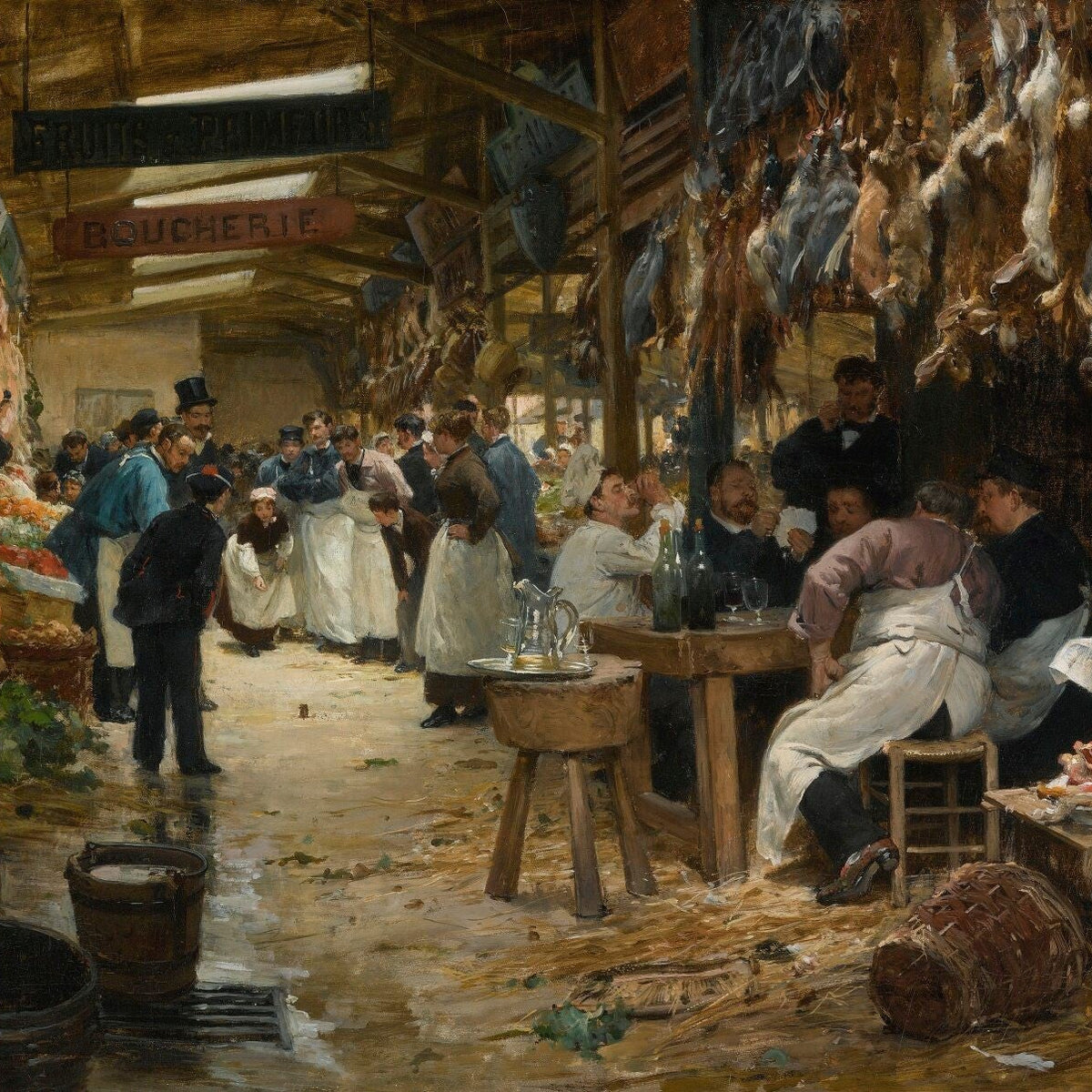 People Oil Painting - Busy Paris Market Interior Scene - Oil Painting Haven
