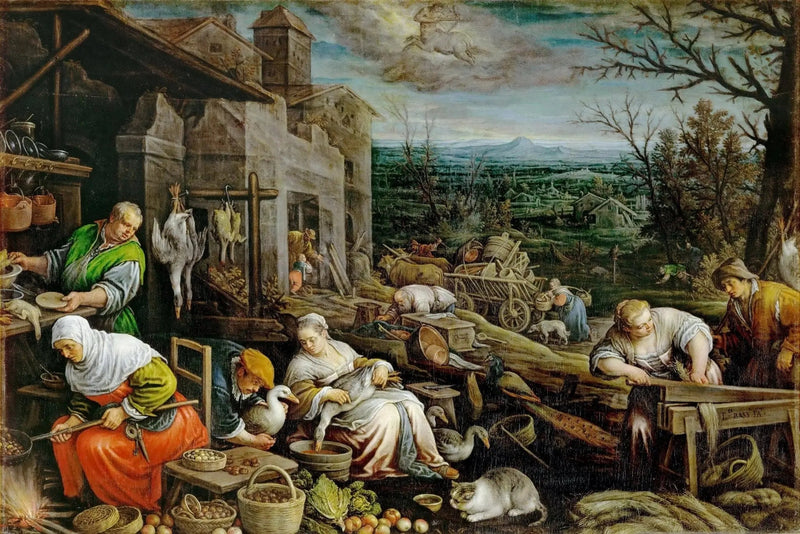 People Oil Painting - Busy Rural Kitchen Scene - Oil Painting Haven