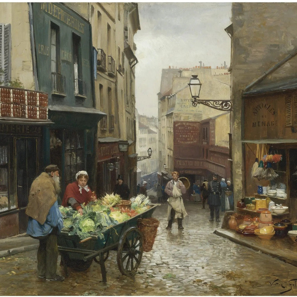 People Oil Painting - Busy Street Market Scene Wall Art - Oil Painting Haven