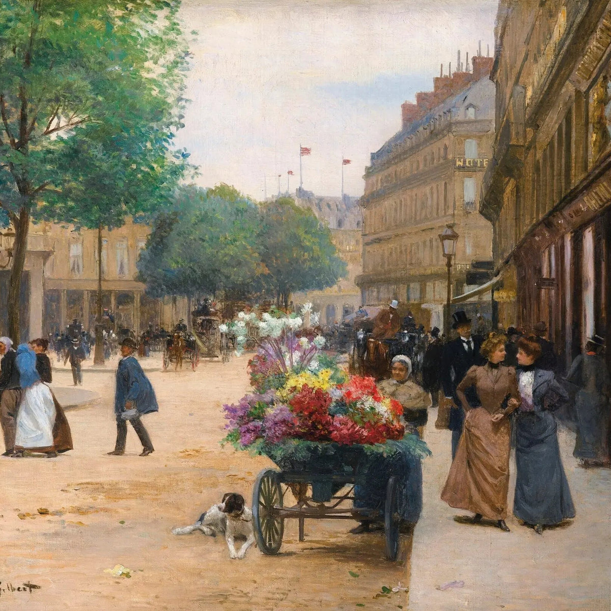 People Oil Painting - Busy Street with Flower Cart - Oil Painting Haven
