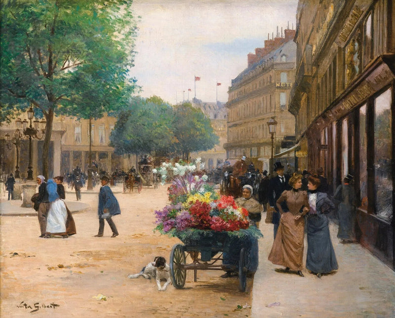 People Oil Painting - Busy Street with Flower Cart - Oil Painting Haven