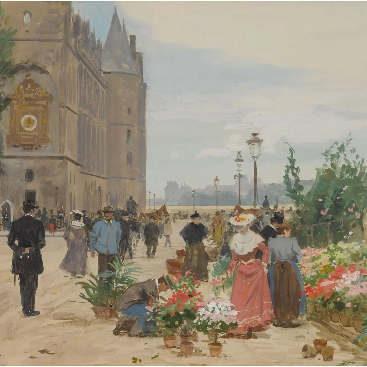 People Oil Painting - Busy Street with Flower Market - Oil Painting Haven