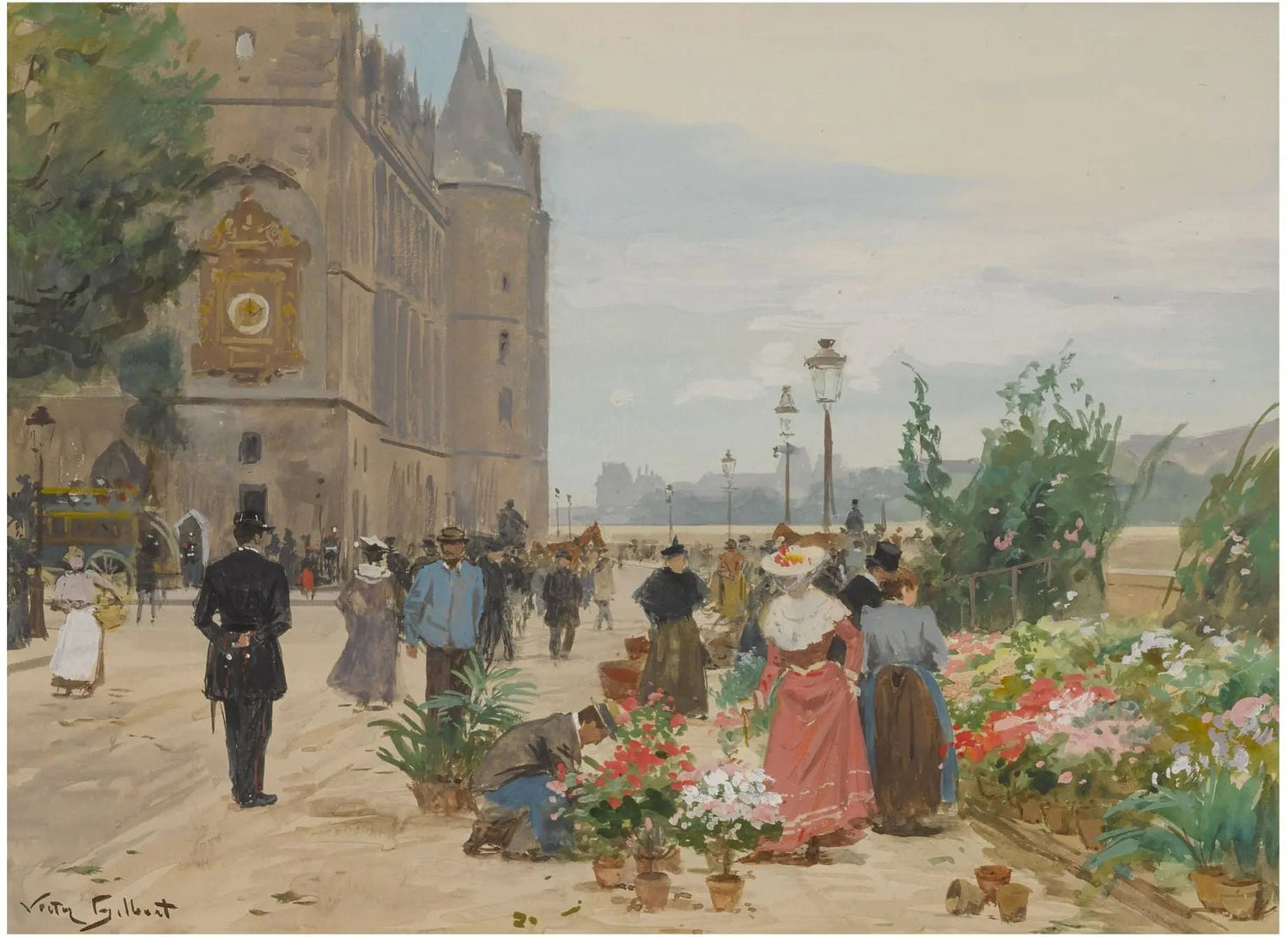 People Oil Painting - Busy Street with Flower Market - Oil Painting Haven