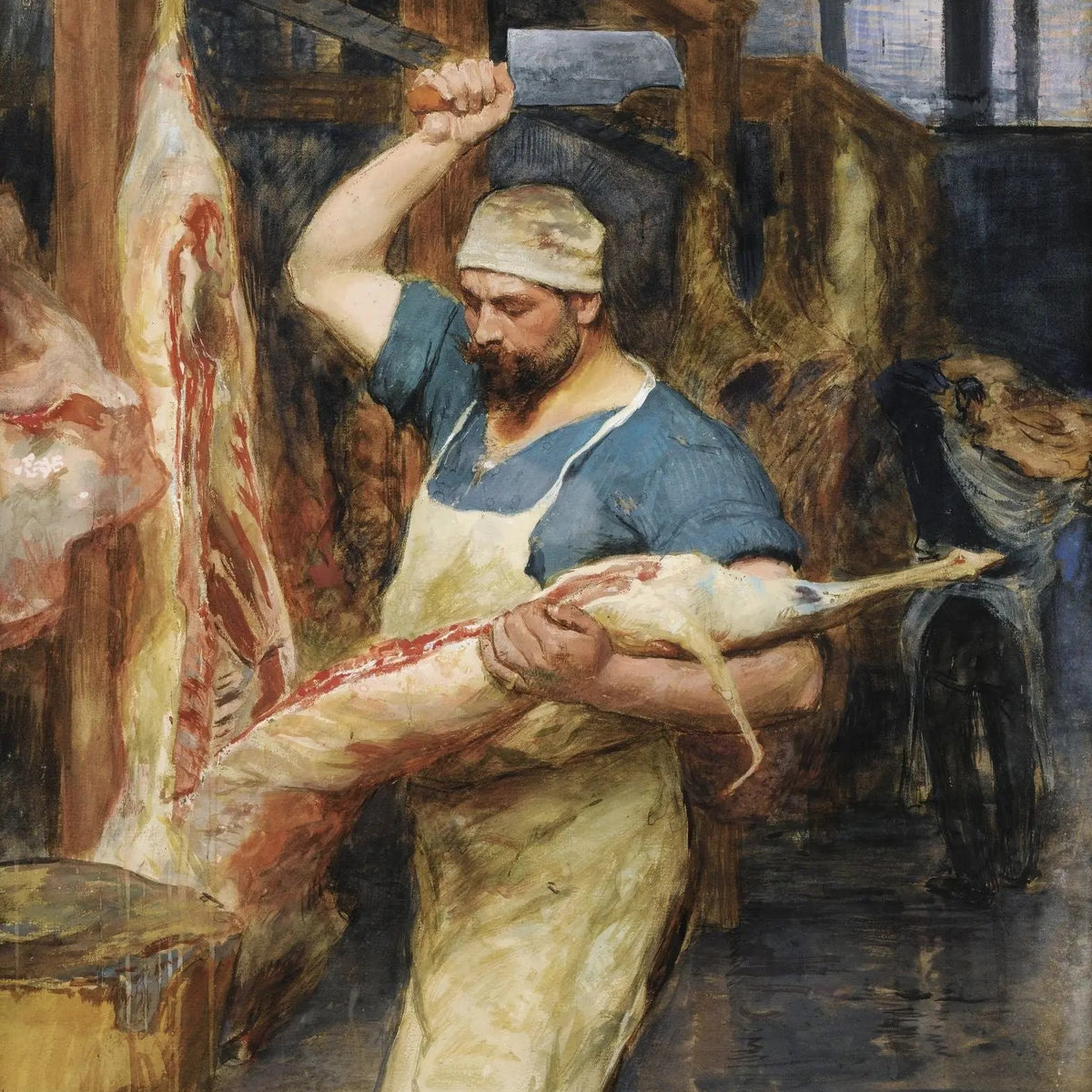 People Oil Painting - Butcher at Work in Shop - Oil Painting Haven