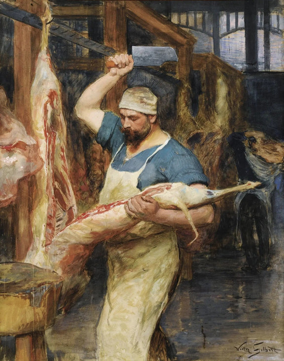People Oil Painting - Butcher at Work in Shop - Oil Painting Haven